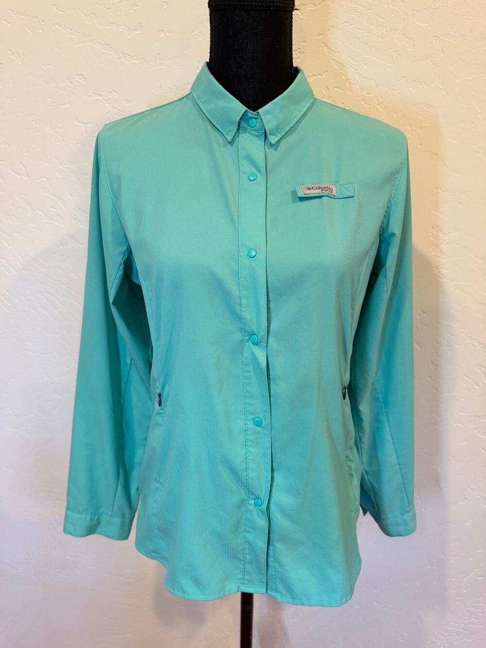 Columbia PFG Women XL Aqua Omni-Shade Fishing Shirt Vented Roll Tab Zip Pockets